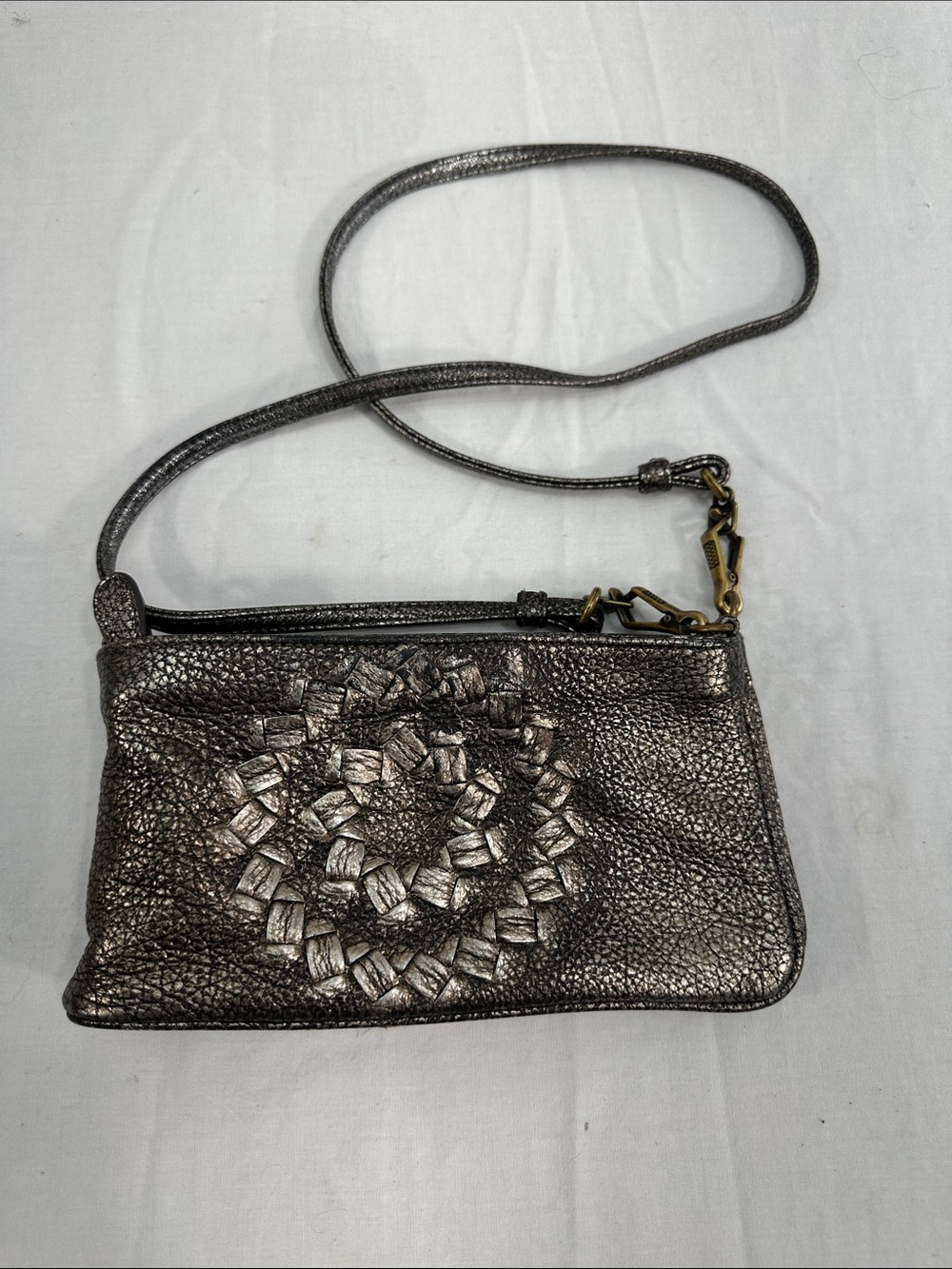 Bottega Veneta Leather Pewter Fold Over Shoulder Bag Purse 196487
